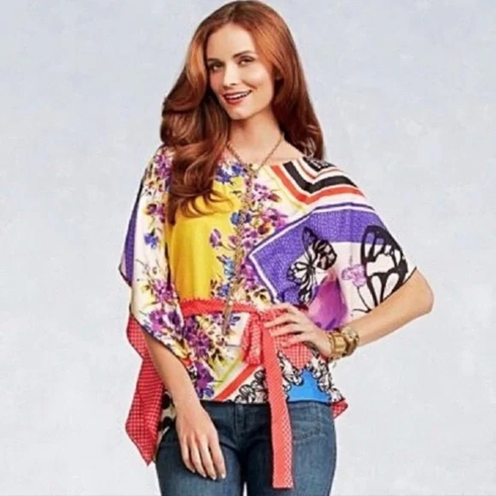 Cabi Size S Silk Butterfly Flower Tie Waist Kimono Top Novelty Print - Picture 2 of 10